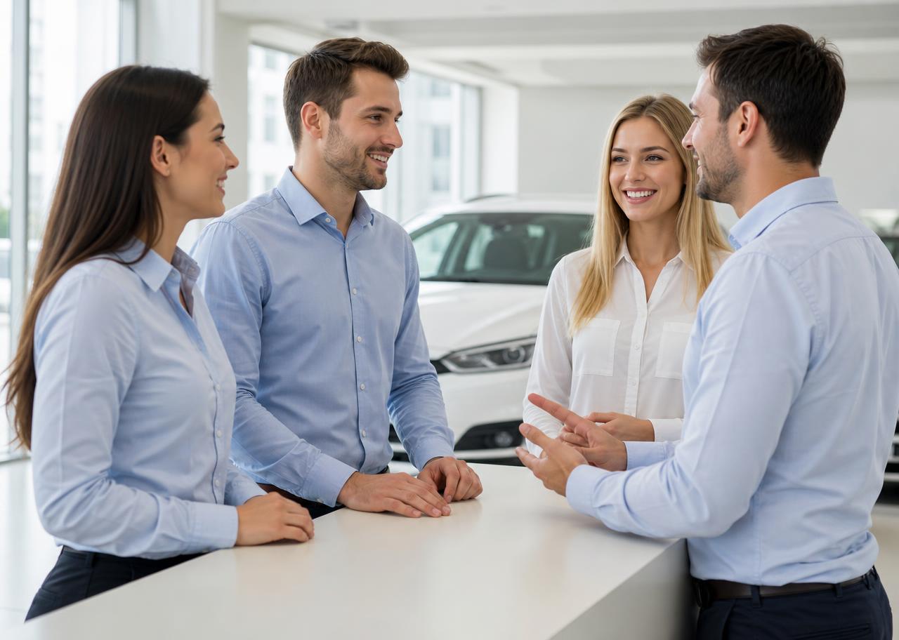 Equipe de vendas de uma loja de veículos conversando junto ao balcão do showroom.