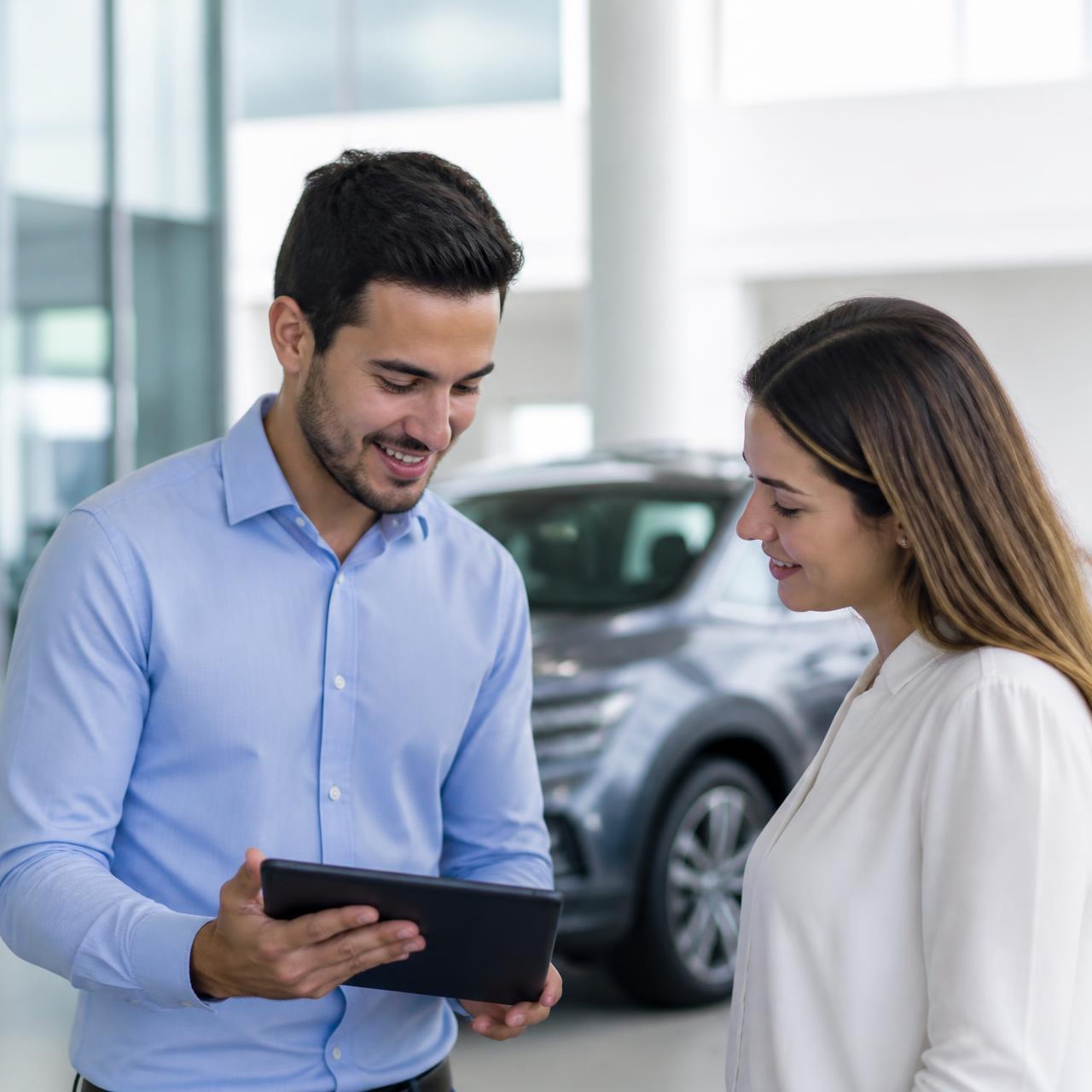 Vendedor apresentando um veículo a uma cliente em uma concessionária, usando um tablet durante o atendimento.