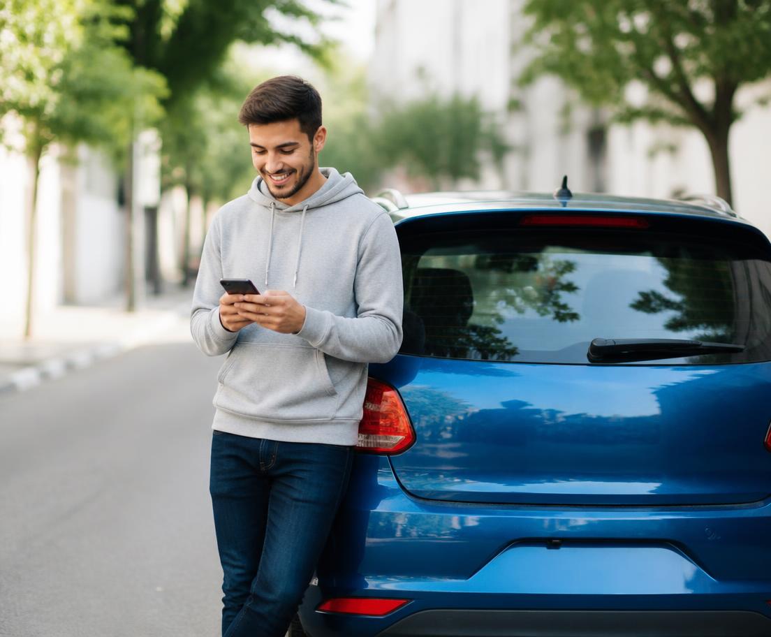 Vendedor consultando o atendimento no celular ao lado de um veículo.